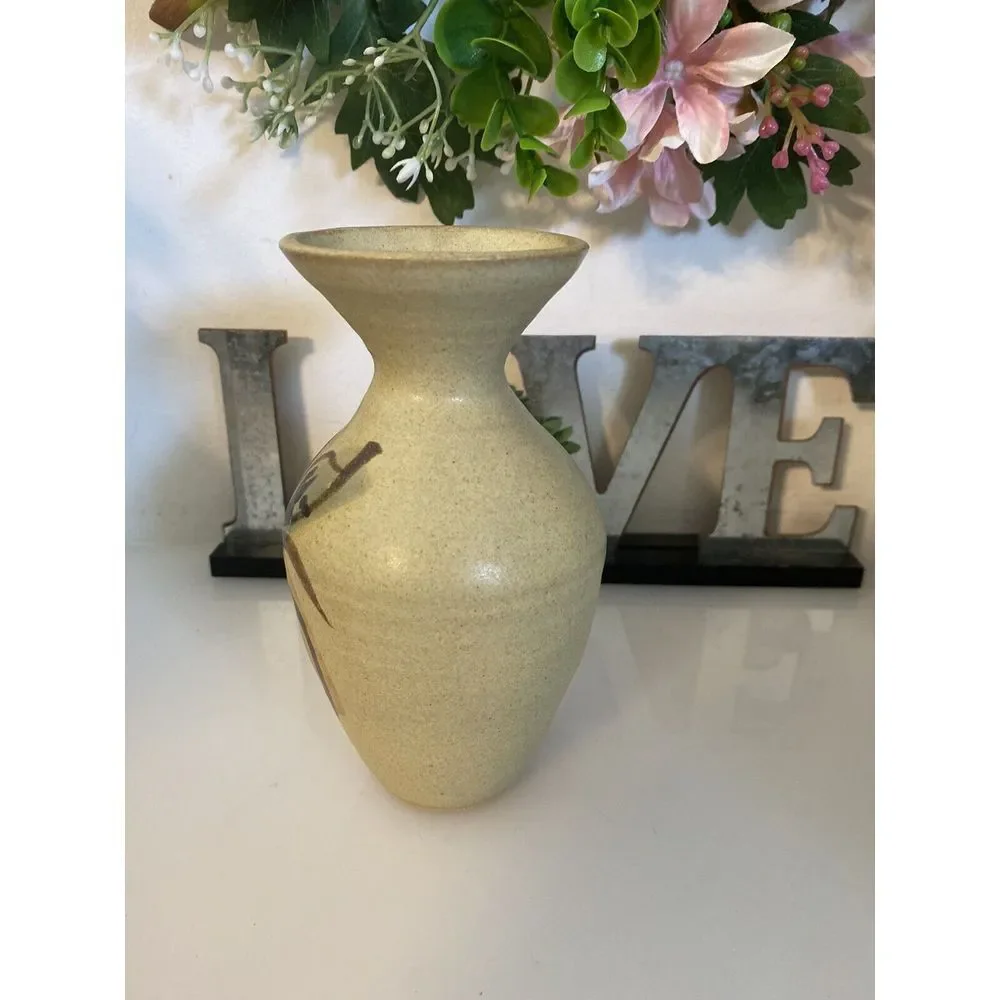 Vintage Hand Painted Stoneware Vase MCM‎ Signed Numbered Peach Design 6